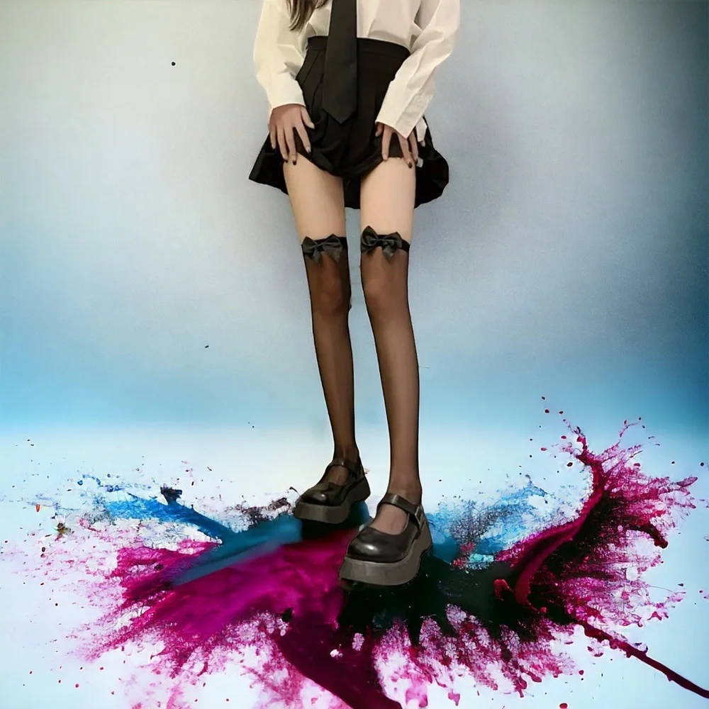 Black Bow Thin Light Smooth Tights Over‎ The Knee Socks Stockings One Size